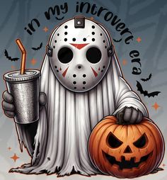 a halloween scene with a jack o'lantern and a scary mask holding a drink