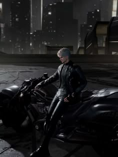 a woman sitting on top of a motorcycle in front of a dark city at night