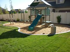 a play area in the back yard with swings, slides and climbing bars for children