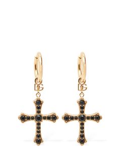 Gold-colored brass. Crystal. Post back closure Dolce And Gabbana Earrings, Crystal Cross, Earrings In Gold, Cross Earrings, Earrings Gold, Gold Black, Gold Earrings, Jewelry Watches, Dolce And Gabbana