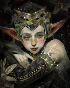 a digital painting of a woman with her hands on her chest, wearing an elaborate headdress