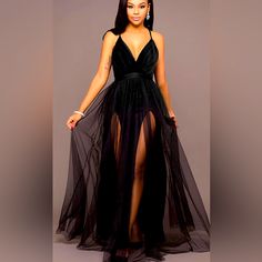 This Stunning Chiffon Dress/Gown Is Great For Any Cocktail Party, A Bridesmaid, Or Any Holiday Party. This Is A Floor Length Gown Has A Long A-Line Silhouette To Help Make A Perfect Fit. This Functional Dress, Comes W/A Pleated Bodice, Plunging Neckline And Cross Back Design Leading Into A Floor Length Silhouette For A Truly Elegant Look. As Well As Adjustable Spaghetti Straps For The Perfect Top Fit. The Lower Back Is Enclosed With A Zipper, And The Slight Stretch Provide An All Day Comfort, Wi V-neck Tulle Gown For Party, Sheer V-neck Maxi Dress For Evening, Summer Prom Gown With V-neck, Sheer Floor-length Bridesmaid Dress, V-neck Summer Prom Gown, Summer Prom Gown V-neck, Summer Prom V-neck Gown, Sheer Bodice Chiffon Maxi Dress, Sheer Tulle Maxi Dress For Prom Season