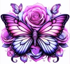 a pink rose and purple butterfly with hearts on it's wings in the shape of a heart