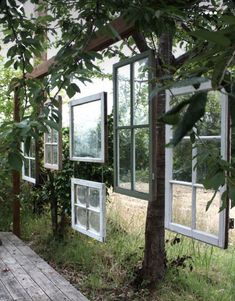 several windows hanging from the side of a tree in front of a wooden deck and fence