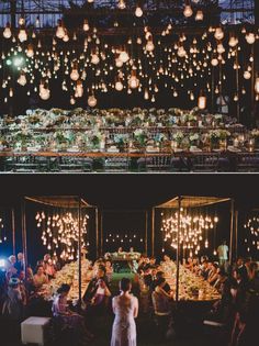 two pictures side by side, one with lights hanging from it and the other with people sitting at tables