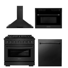 four different stoves and ovens are shown in the same black color scheme,