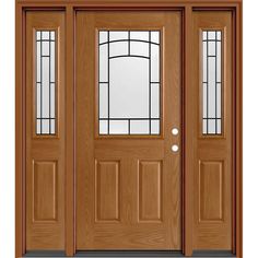 a wooden door with two sidelights and glass panels on the top part of it