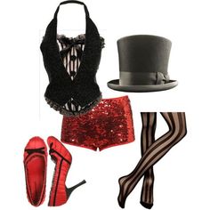 there is a woman's outfit and accessories on this page, including stockings, top hat, high heeled shoes