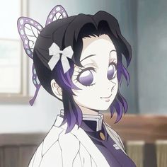 an anime character with purple hair and butterfly wings on her head is staring at the camera