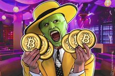 a man in a yellow hat holding bitcoins with his mouth wide open while wearing a green mask