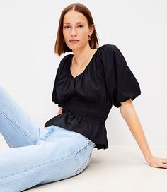 With romantic blouson sleeves and a flattering elasticized waist, this fluid woven top is an instant style routine fresh-up. V-neck. 3/4 sleeves with elasticized cuffs. Elasticized waist.,Hit:Hit: Hits at hip,Imported:Imported,Fit:Fit: Relaxed — an easy shape that's just shy of loose,Length:20 3/4" long,Fabrication:55% Cotton 45% Modal,Garment Care:Machine Washable Loft Gathered Waist V-Neck Blouse Size Small Black Women's by Loft Size Regular - S Black Women's Cotton, Blend, V-Neck, Short, Slee Elegant Tops With Elastic Waistband For Spring, Spring V-neck Blouse With Elastic Waistband, Elegant Spring Tops With Elastic Waistband, Stretch V-neck Puff Sleeve Top For Spring, Stretch Puff Sleeve V-neck Top For Spring, Versatile Tops With Elastic Waistband For Spring, Spring V-neck Stretch Puff Sleeve Top, Chic Blouse With Gathered Waist For Spring, Chic Spring Blouse With Gathered Waist