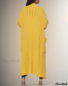 Olivia Mark - Luxe Knit Cardigan with Longline Design and Cable Pattern Yellow Knitted Cardigan For Spring, Spring Yellow Knitted Cardigan, Yellow Knitted Outerwear For Spring, Yellow Knit Outerwear For Spring, Yellow Knit Cardigan For Layering, Oversized Yellow Knit Cardigan, Cable Pattern, Olivia Mark, Long A Line