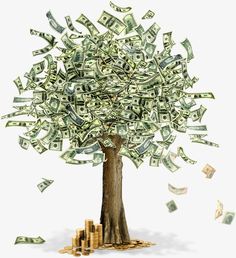 a tree with money falling from it in front of a white frame and black background