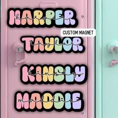 a pink refrigerator with magnets on it and the words harper, taylor, kingly mode