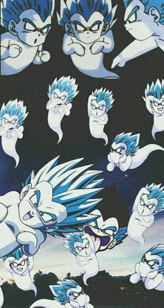 an image of cartoon characters with blue hair and white skin on black background, all in different poses