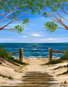 a painting of steps leading to the beach