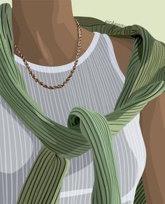 a painting of a woman wearing a white tank top with a green scarf around her neck