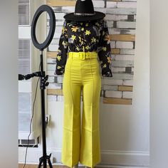 Please Message Me For The Availability On Your Size! Belt Is Included And Shit Is Sold Separately. Fitted Yellow Pants For Night Out, Retro Fitted Bottoms For Office, Retro Spring Bottoms For Night Out, Retro Bottoms For Spring Night Out, Retro Bottoms For Night Out In Spring, Yellow Bottoms For Office Spring Season, Yellow Bottoms For Night Out In Spring, Retro Spring Pants For A Day Out, Retro Pants For Spring Day Out