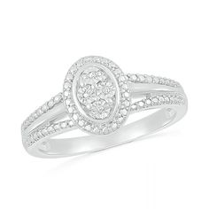 Perfect for day or night, this diamond accent ring delivers eye-catching style. Crafted in sterling silver, this choice features a quartet of diamond accents - each artfully set to enhance size and sparkle - in an oval-shaped composite. The frame and shank gleam with beaded details. Buffed to a brilliant luster, this design is a great addition to any jewelry box. Custom-made to fit your ring size. Sterling silver rings cannot be resized after purchase. Silver Oval Ring With Pave Setting, Oval Sterling Silver Diamond Ring With Pave Setting, Oval Diamond Promise Ring With Pave Setting, Oval Cluster Ring With Diamond Accents In Diamond White, Oval Diamond White Diamond Ring With Pave Setting, Oval Diamond White Cluster Ring With Diamond Accents, Oval Diamond White Ring With Pave Setting, Oval Diamond White Ring With Diamond Accents, Silver Oval Rings With Diamond Accents