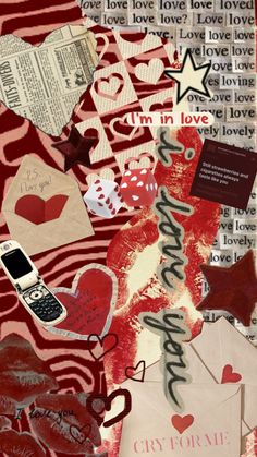 collage of red and white paper with hearts, love notes, and a cell phone