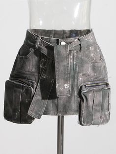 Denim Cargo Mini Skirt | Detachable Belt | Street Style Fashion | Camouflage Distressed Look |  Designer Inspired Blumarine Dupe Lookalike Zipper Mini Skirt, Functional Fashion Design, Custom Mini Skirt, Mini Skirt With Pockets, Cool Denim Jackets, Low Waisted Skirt Outfits, Street Wear Skirt, Street Wear Fashion Women, Different Skirt Styles