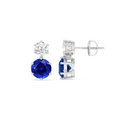 A wardrobe staple, these diamond earrings and their classic beauty will serve you well for years to come. Each earring features a pair of big sapphire and small round diamond, each set on a six-pong basket. With these earrings' refined sophistication, you can easily pair them with all kinds of outfits for all kinds of occasions. Classic Diamond Gemstone Earrings, Round Sapphire Earrings For Formal Occasions, Elegant Sapphire Diamond Earrings With Prong Setting, Classic Sapphire Diamond Earrings For Wedding, Formal Sapphire Diamond Earrings With Prong Setting, Classic Sapphire Earrings For Anniversary, Formal Sapphire Earrings With Prong Setting, Sapphire Diamond Earrings Fine Jewelry, Sapphire Diamond Earrings With Prong Setting For Anniversary