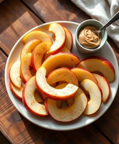 sliced apples and peanut butter on a white plate with a wooden table in the background