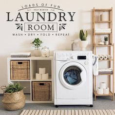 laundry room wall decal with washer and dryer in the foreground, next to shelves filled with toiletries