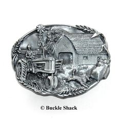 The Old Farm belt buckle. (NOS). Made by Bergamot Brass Works, Delavan, WI. Solid Pewter. Made in U.S.A. and © in 1981 Farm Vintage, Western Buckles, Old Farm, Wide Belt, Belt Buckle, Belt Buckles, The Old, Rings For Men