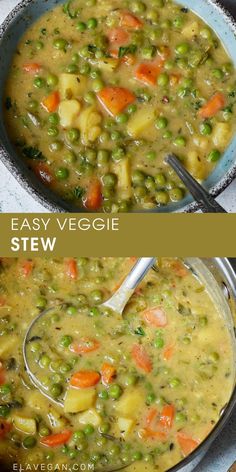 two bowls filled with vegetables and peas next to the same bowl full of soup in it