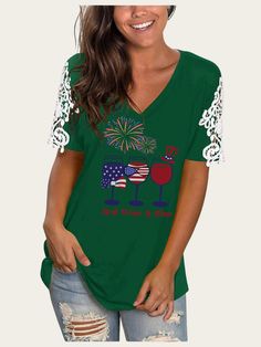 Red Wine and Blue 4th July Celebration With Firework V-Neck Lace Hollow out Short Sleeve T-Shirt American Flag Print V-neck Tops For Summer, Summer V-neck T-shirt With American Flag Print, Summer V-neck Tops With American Flag Print, V-neck Tops With American Flag Print For Summer, Patriotic V-neck Summer Tops, I Am Fine, Tunic Shirts, V Neck Tunic, Girls Trip Shirts