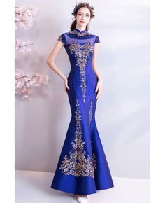 Buy Retro Royal Blue Cheongsame Mermaid Fitted Formal Dress With Embroidery at wholesale price online. Free shipping and pro custom service since 2009. Blue Mermaid Gown For Banquet, Elegant Fitted Blue Cheongsam, Fitted Blue Gown With Floral Embroidery, Blue Mermaid Dress For Banquet, Fitted Blue Gown With Intricate Embroidery, Blue Fitted Cheongsam For Spring, Blue Fitted Spring Cheongsam, Spring Blue Fitted Cheongsam, Fitted Floral Embroidered Cheongsam For Party