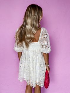 Be the epitome of summer with our State Of Mind Large Eyelet Babydoll Dress! This white floral dress features a square neckline and sheer sleeves, giving it a feminine and breezy look. Perfect for any occasion, it's the perfect addition to your wardrobe. Lined Square neckline Sheer sleeves with elastic cuffs Back zipper closure Fit: Relaxed; No stretch Bust: Small-32in Medium-34in Large-36in Length: Small-33in Medium-34in Large-35in Fabric: 50% Cotton 50% Polyester Wash Instructions: Dry clean M White Floral Dress, Square Necklines, State Of Mind, Sheer Sleeves, Babydoll Dress, Square Neckline, Floral Dress, Dresses For Sale, Baby Dolls