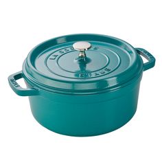 a blue casserole dish with a lid on the top and bottom, sitting in front of a white background