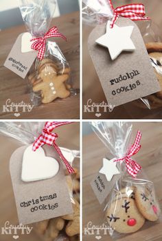 four pictures of cookies wrapped in cellophane and tied with ribbon