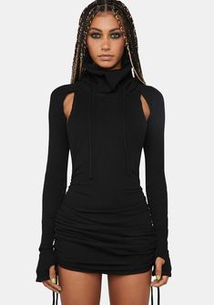 has a stretchy ribbed jersey knit construction with a washed black finish and a racerback cut-out design with an embroidered 'D' logo graphic. This hooded mini dress features a cowled turtle neckline that can be pulled up into a mask, long sleeves with thumbholes, and a skirt with ruching and adjustable ties. Dress Concert Outfit, Current Mood Clothing, Rave Babe, Fishnet Top, Ruched Mini Dress, Ribbed Dress, Crochet Mini Dress, Cargo Skirt, Black Doll