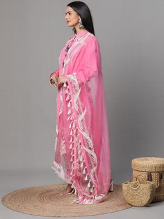 Pink Colour Suit With Organza Dupatta, Pants, White Cutwork Pure crepe 3(Suit, Pant, Dupatta) Suit Festive Pink Workwear Sets, Pink Festive Workwear Sets, Elegant Pink Pants For Eid, White Pant Set With Dupatta, Suit Pant, Organza Dupatta, Pants White, Pink Colour, Cut Work