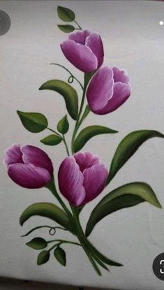 a painting of pink flowers painted on white paper with green leaves and stems in the center