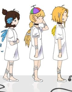 three cartoon girls with different hair styles and clothes, one is holding her head while the other