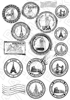 stamps with the symbols of different countries and their names on them, including the eiffel tower