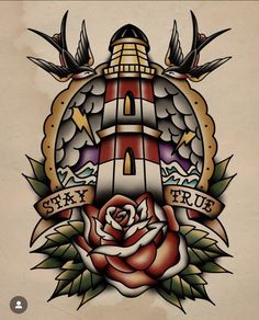 an old school tattoo design with roses, birds and a lighthouse on the top of it