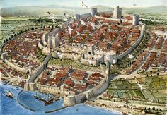 an aerial view of a city and its surrounding walls, with birds flying over it