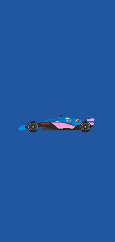 a blue and pink race car flying through the air on a bright blue sky background