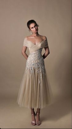 Midi Evening Dress, Tulle Embroidery, Tarik Ediz, Mother Of Groom Dresses, Evening Dresses For Weddings, فستان سهرة, Tea Length Dresses, Color Stone, Pageant Dresses