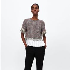 Zara Tweed Top With Pleated Detail Size: S Casual Tweed Tops For Spring, Casual Tweed Dress For Fall Workwear, Elegant Tweed Tops For Fall, Chic Tweed Tops For Fall, Casual Spring Office Tweed Dress, Casual Spring Tweed Dress For Office, Casual Tweed Dress For Office In Spring, White Peasant Blouse, Zara Tweed