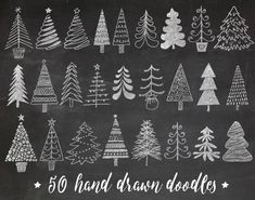 chalk drawing christmas trees on a blackboard with the words, hand drawn doodles