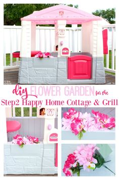 a collage of photos with flowers in the background and text overlay that says big flower garden for the step2 happy home cottage & grill