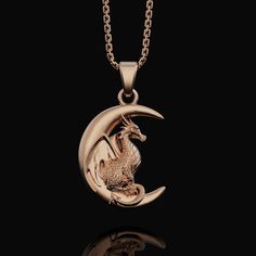 Gold Fantasy Necklace With Dragon Design, Gold Fantasy Dragon Necklace, Moon Dragon, Dragon Necklace, Mythical Creature, Magical Jewelry, Dragon Jewelry, Unusual Jewelry, Silver Moon