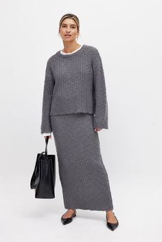 Knitted Maxi Skirt Grey | NA-KD Knitted Maxi Skirt, Low Waist Jeans, Knit Maxi Skirt, Business Outfit, Maxi Skirts, Fall Jackets, Knitwear Cardigan, Gray Skirt, Knitted Jumper