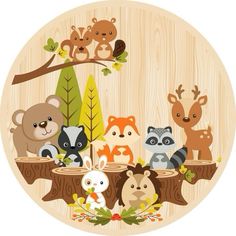 an image of woodland animals on tree stumps